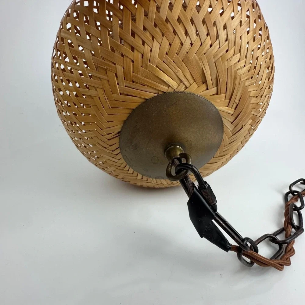 Vintage Woven Bamboo Swag Pendant Light MCM Boho Teardrop Hanging Lamp plug in